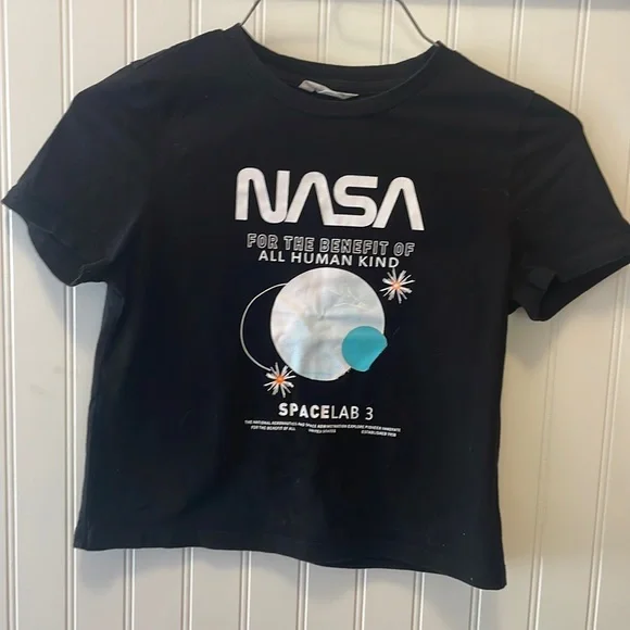 SHEIN Shirts Tops Girls Black Cotton Tshirt Nasa Logo Size